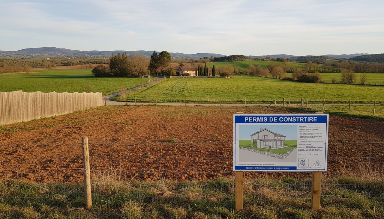 Terrain à bâtir en pleine campagne avec panneau de permis de construire et vue dégagée