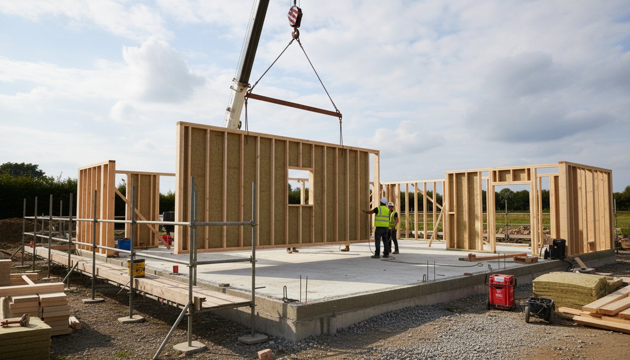 Murs à ossature bois préfabriqués levés par une grue mobile sur la dalle d'une maison en autoconstruction