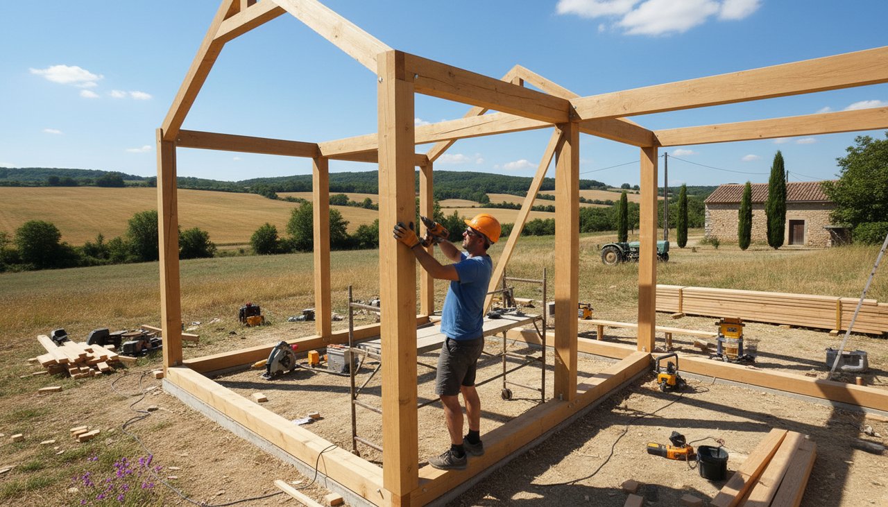 Autoconstructeur assemblant l'ossature en bois de sa maison en kit sur un terrain en campagne française