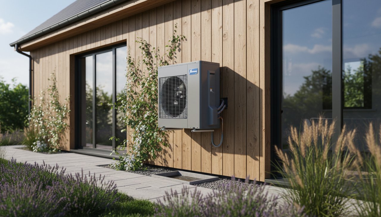 Unite exterieure d une pompe a chaleur air-eau installee contre le bardage bois d une maison contemporaine