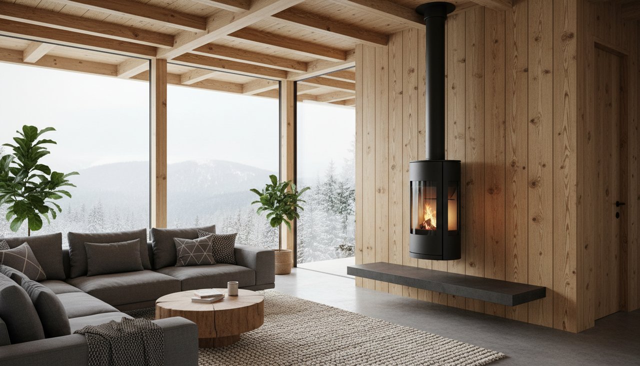 Poele a granules moderne installe dans un salon en ossature bois avec mur en lambris vertical