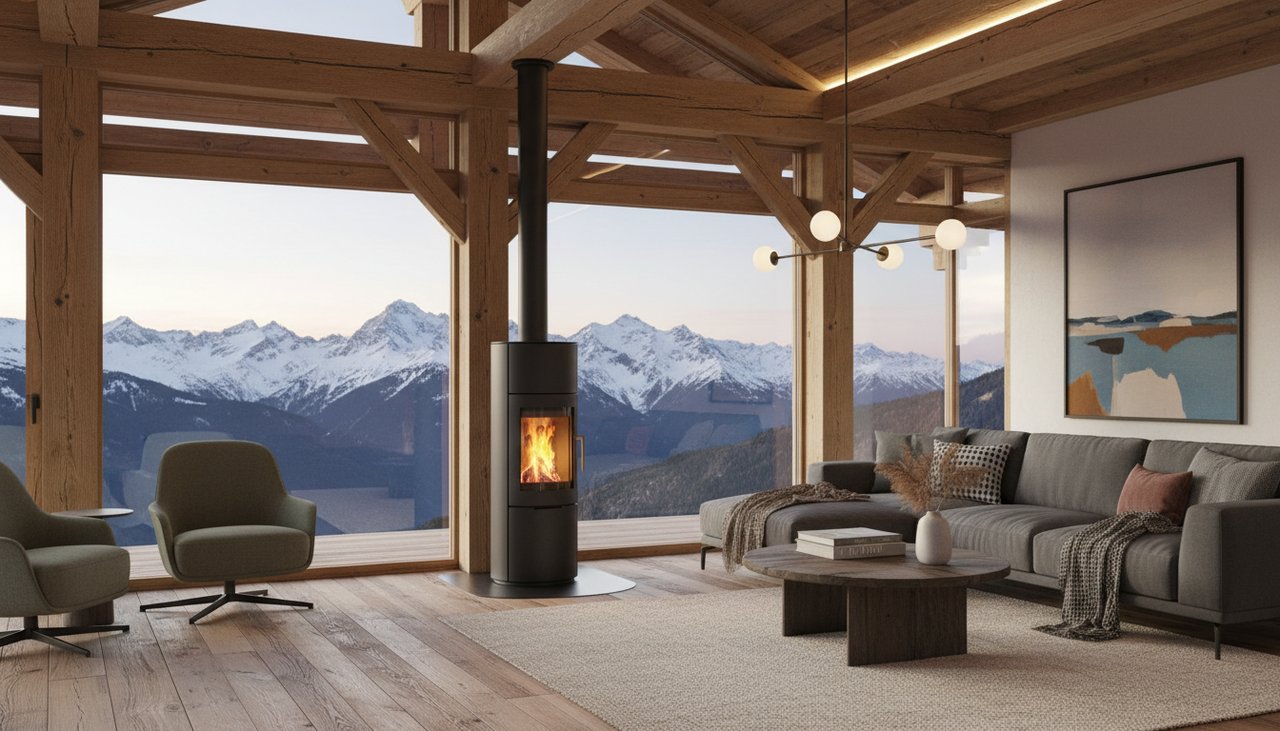 Salon contemporain dans une maison ossature bois avec poele a granules et grandes baies vitrees