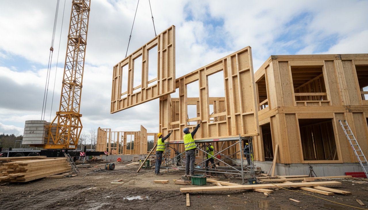Chantier de montage d'une ossature bois, charpentiers assemblant les panneaux préfabriqués