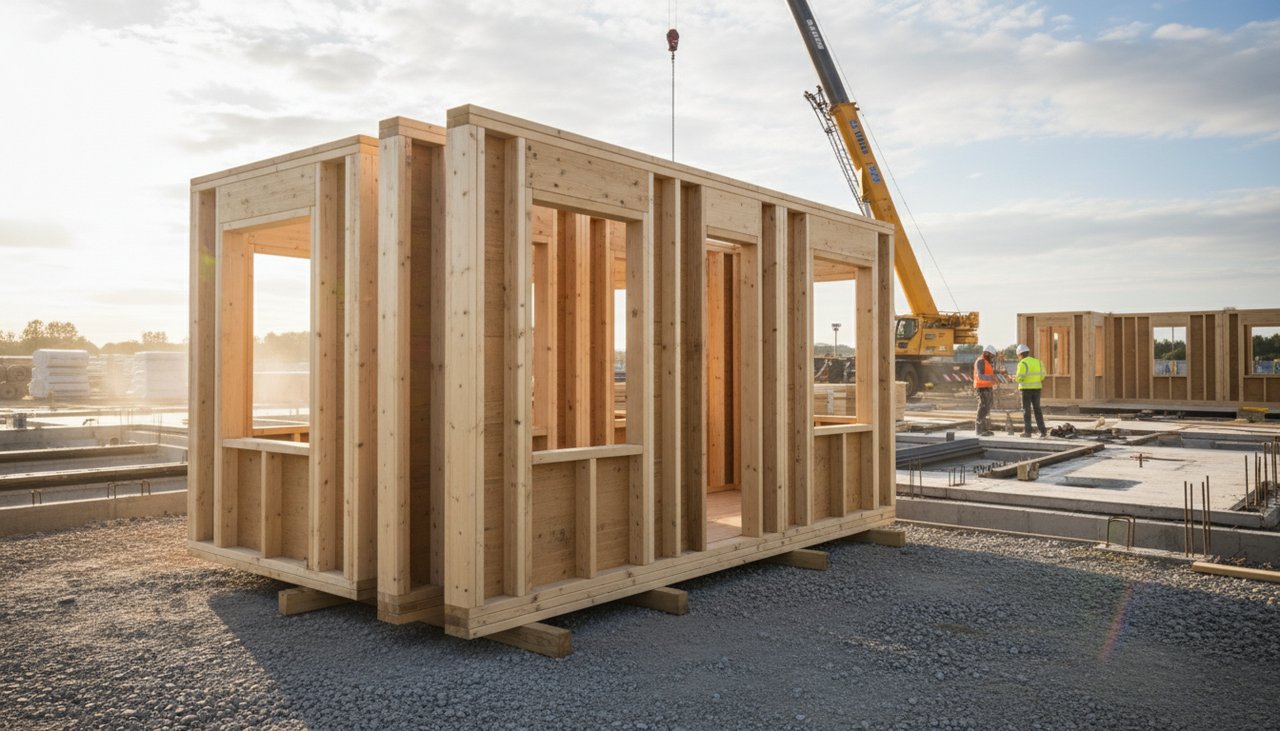 Panneaux d'ossature bois préfabriqués prêts à être assemblés sur chantier