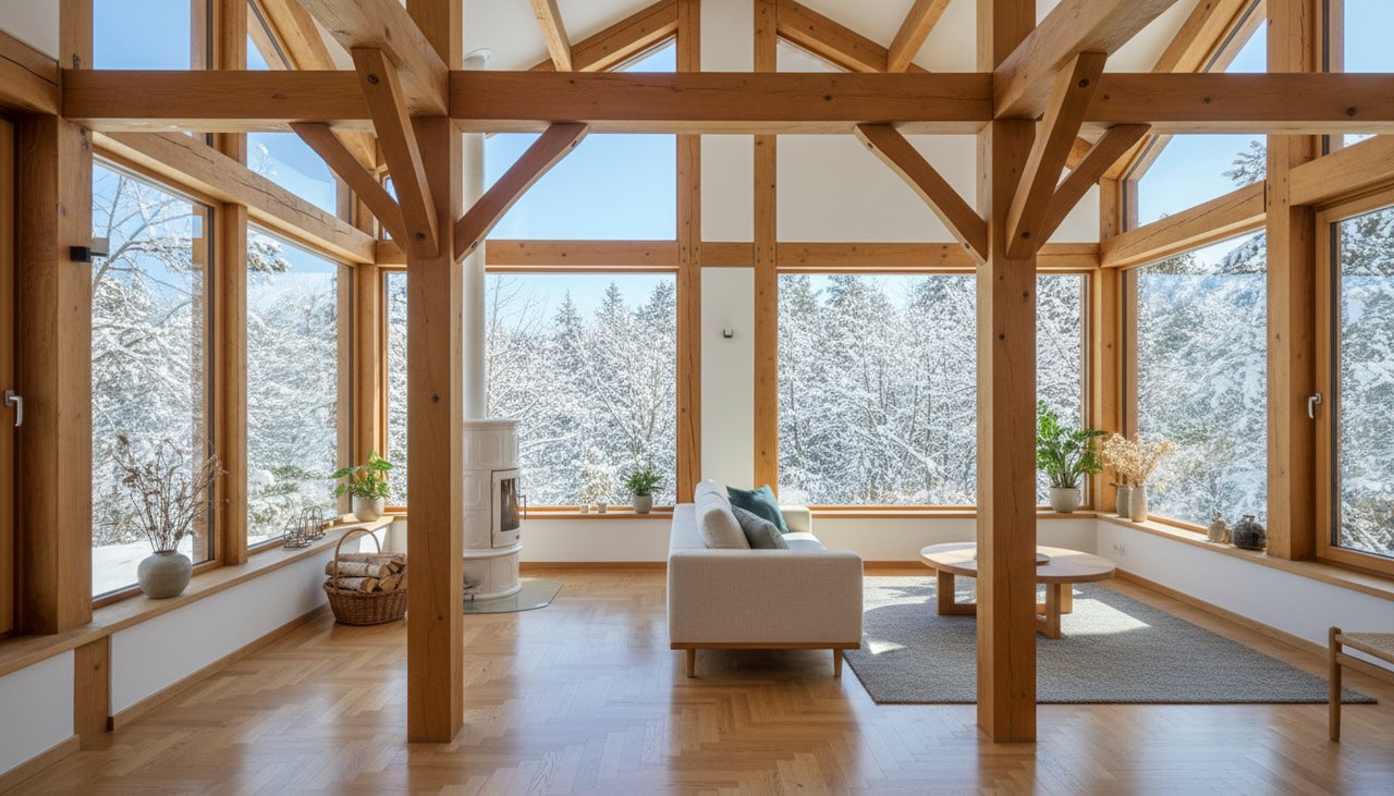 Intérieur lumineux d'une maison en bois avec poutres apparentes et parquet chêne
