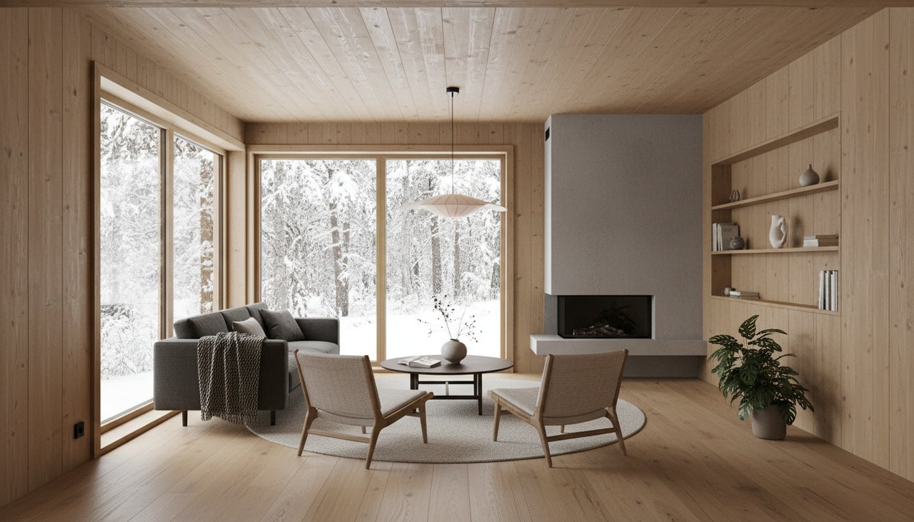 Intérieur fini d'une maison à ossature bois moderne avec grande baie vitrée