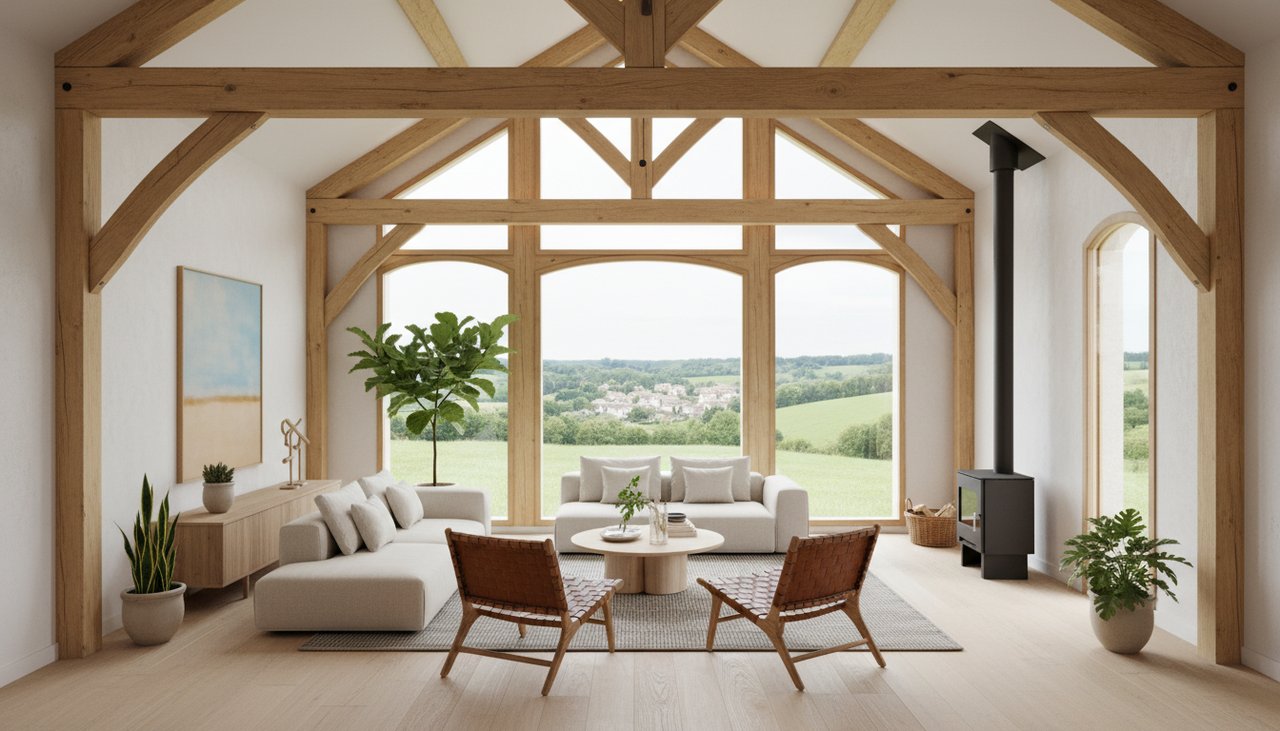 Intérieur lumineux d'une maison ossature bois moderne avec grandes baies vitrées