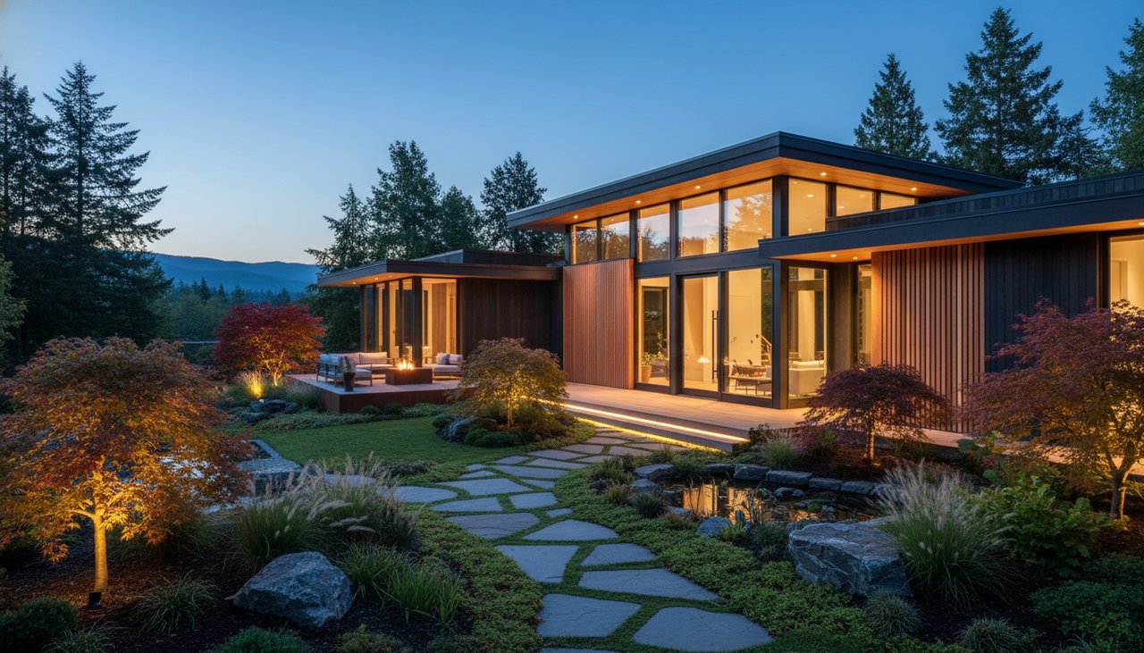 Maison bois contemporaine terminée avec jardin paysagé, vue extérieure