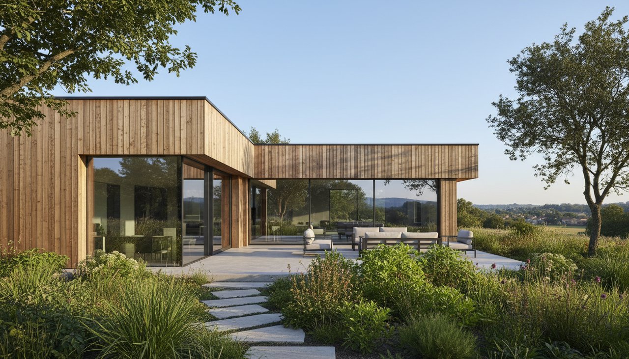 Maison en ossature bois moderne avec bardage naturel et grandes baies vitrées