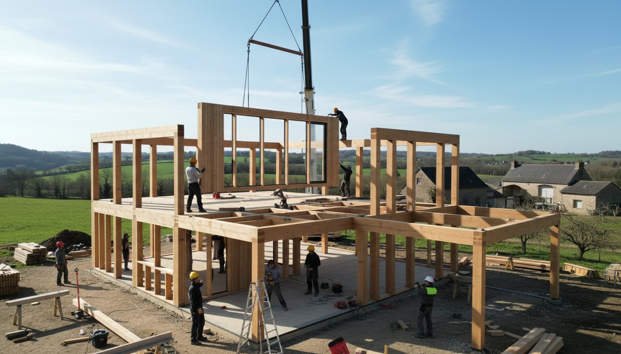 Constructeur professionnel installant l'ossature bois d'une maison individuelle en France