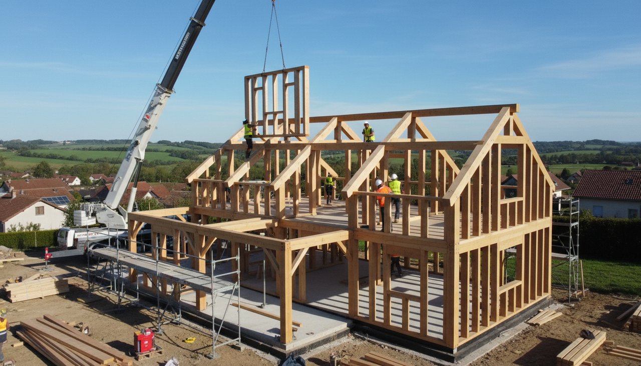 Chantier de construction d'une maison en ossature bois par un constructeur professionnel en France