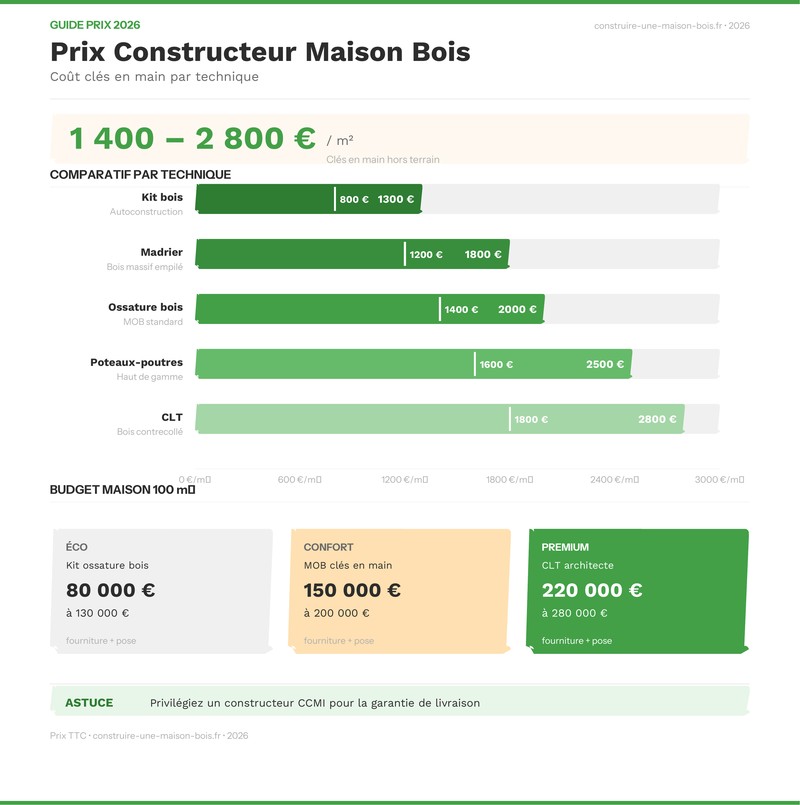 Infographie : prix constructeur maison bois comparatif 2026