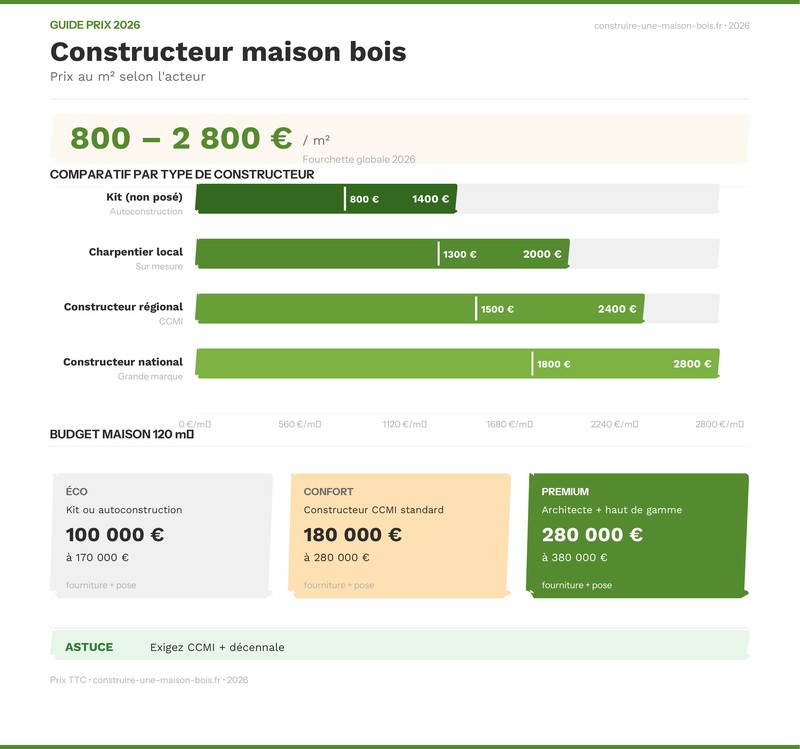 Infographie comparant les prix des constructeurs maison bois en 2026