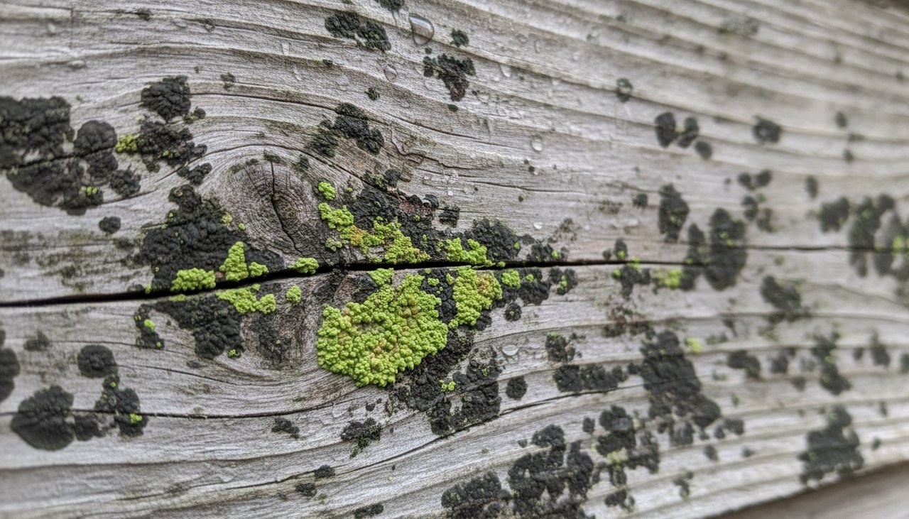 Detail bardage bois grisaille avec depots verts champignons exposition nord