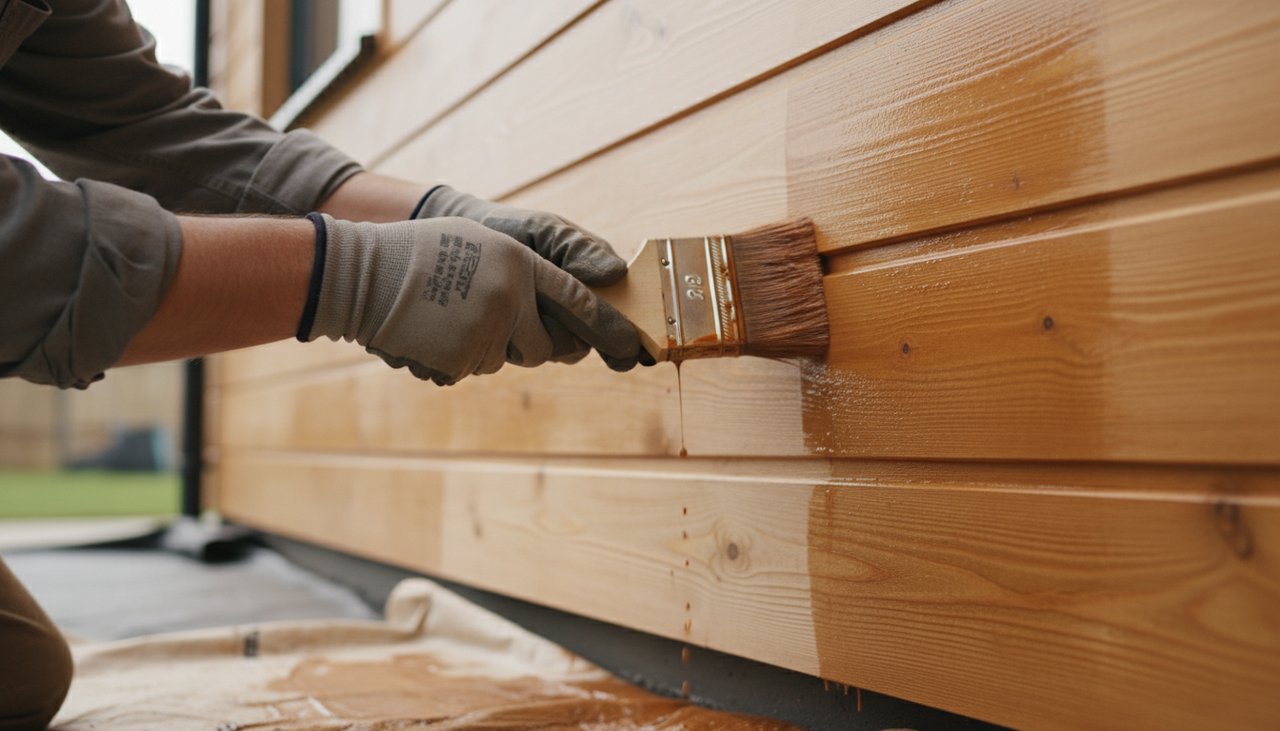 Application de saturateur ton bois clair sur bardage avec pinceau plat