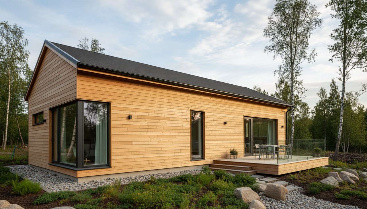 Maison ossature bois entretenue avec bardage clair et toit gris