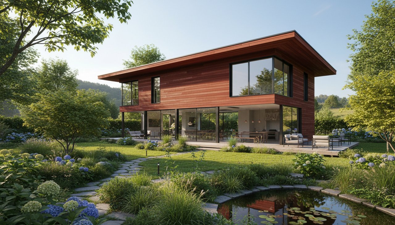Maison bois moderne avec bardage rouge sombre dans un jardin verdoyant