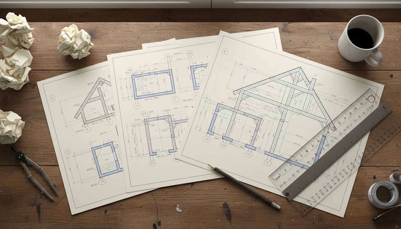 Plans d'architecte de maison à ossature bois posés sur une table avec des outils de dessin