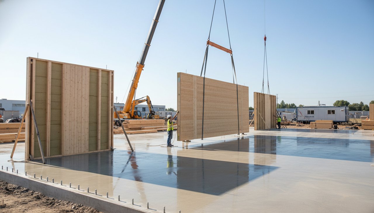 Panneaux ossature bois préfabriqués levés par une grue sur la dalle béton d'une maison