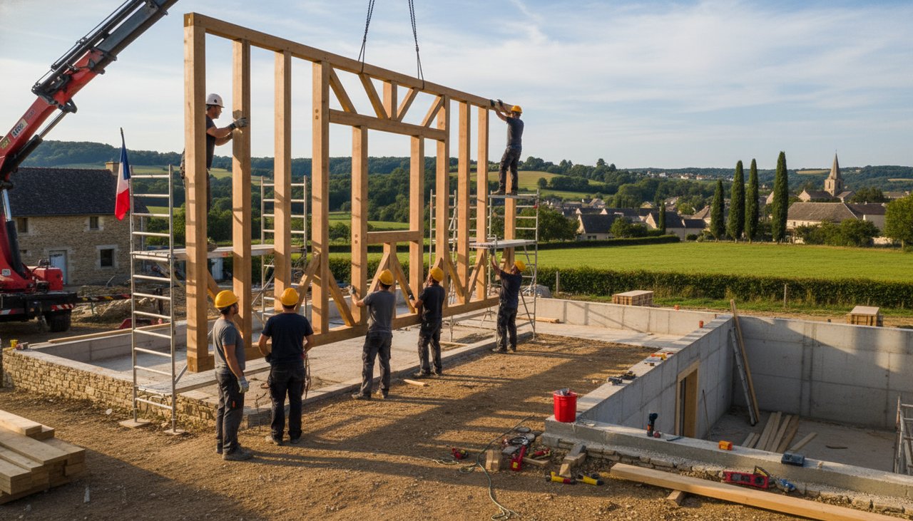 Équipe de charpentiers assemblant l'ossature bois d'une maison individuelle française, chantier en cours