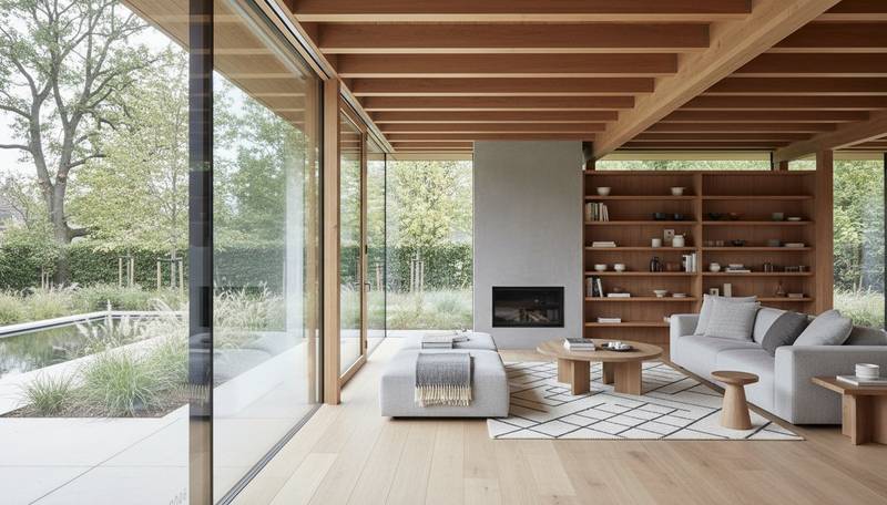 Intérieur d'une extension bois moderne avec parois vitrées