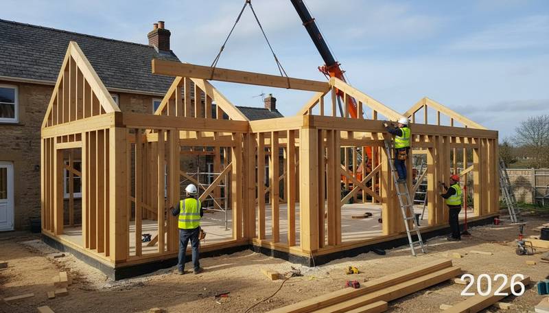 Chantier d'extension bois en cours de montage