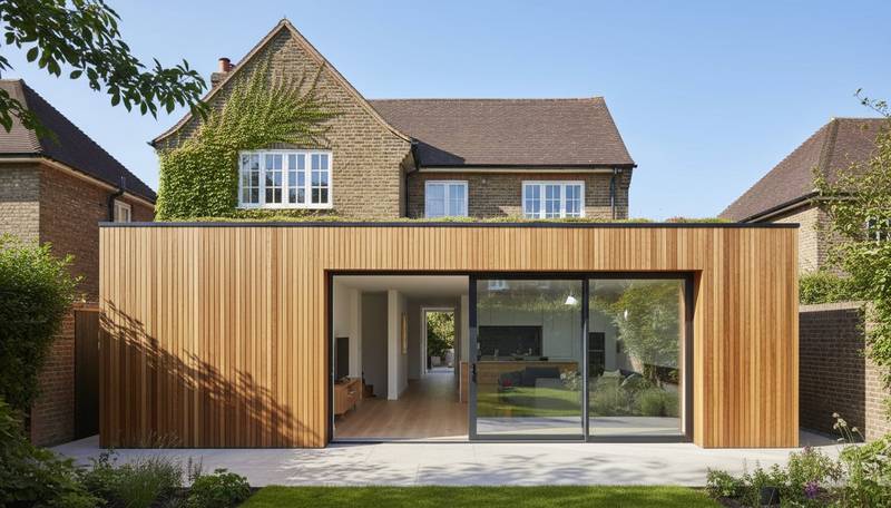 Extension bois moderne accolée à une maison traditionnelle