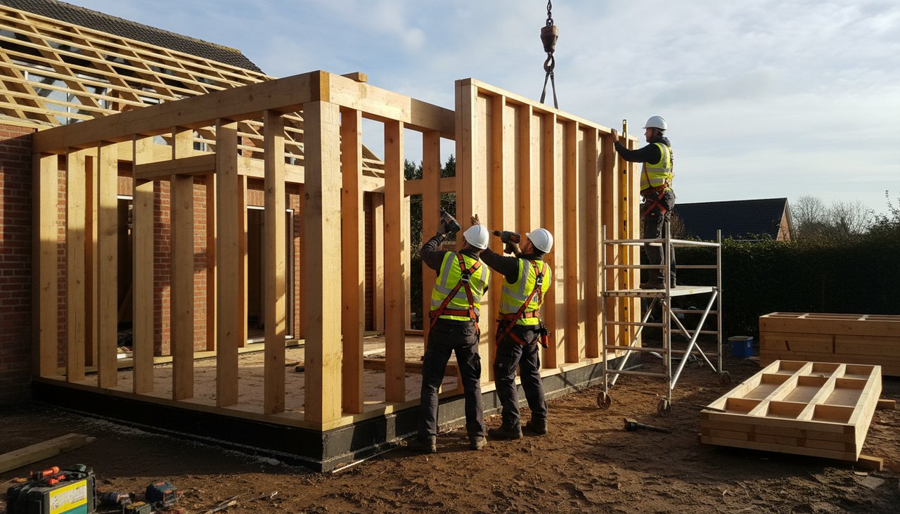 Chantier ossature bois en cours, charpentiers assemblant les murs porteurs en bois