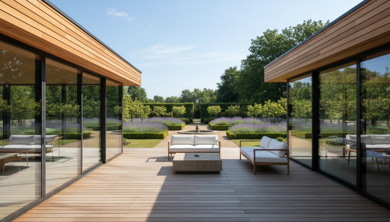 Extension bois terminée avec grandes baies vitrées et terrasse bois, intégration paysagère réussie