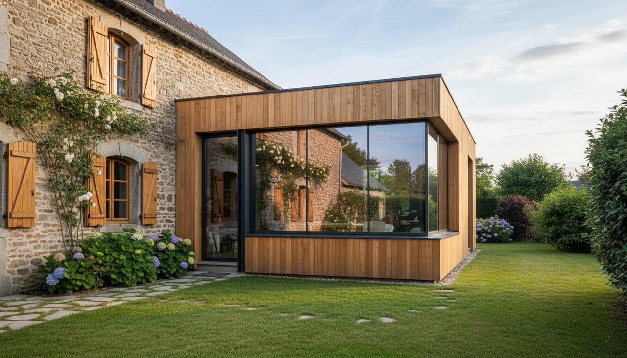 Extension en bois à ossature bois accolée à une maison traditionnelle, bardage bois naturel