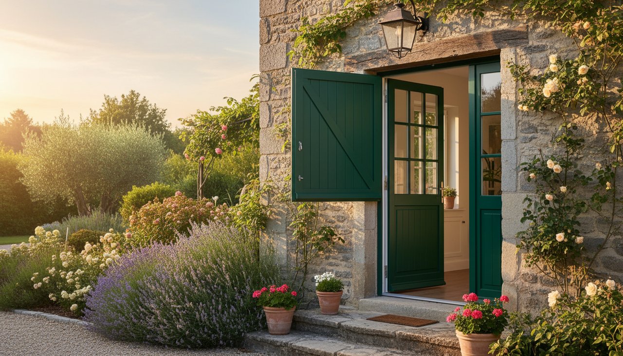 Porte fermière en chêne avec vantail haut ouvert sur façade en pierre, lumière dorée du matin