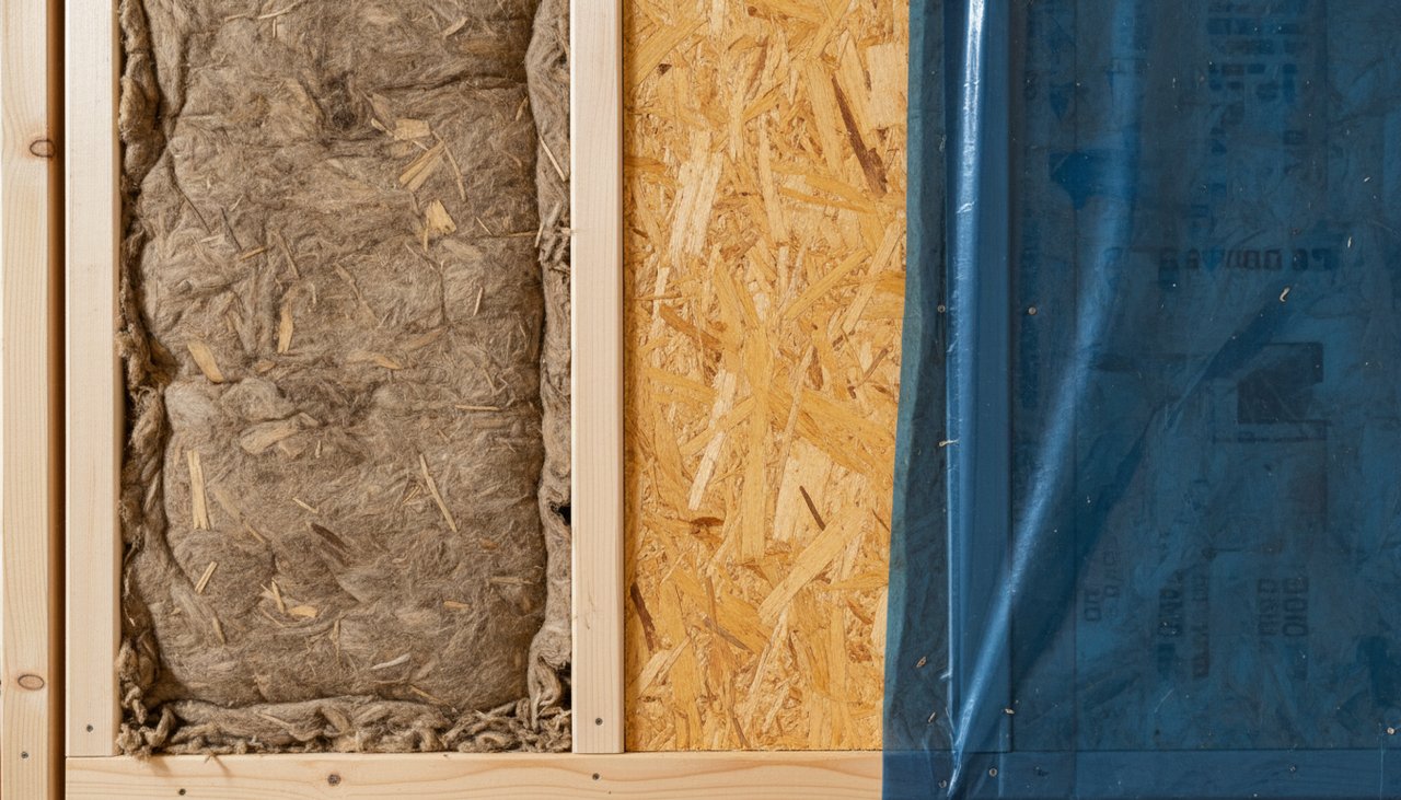 Coupe d'un mur ossature bois montrant les couches d'isolation entre les montants verticaux