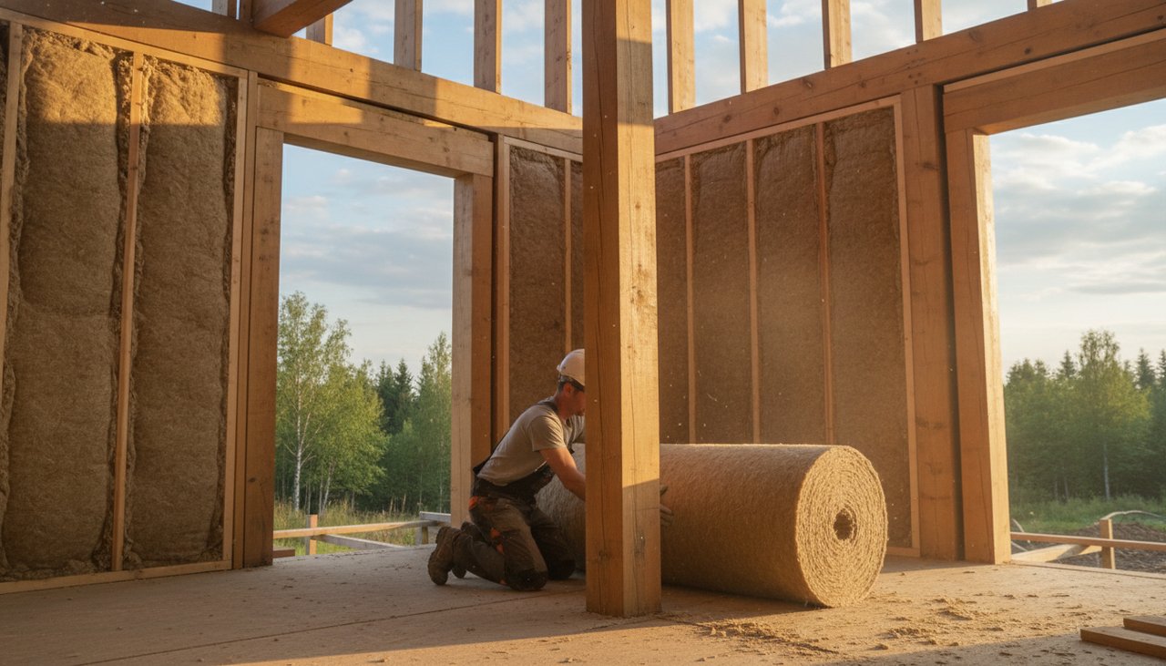 Pose d'isolant en fibre de bois entre les montants d'une ossature bois en construction
