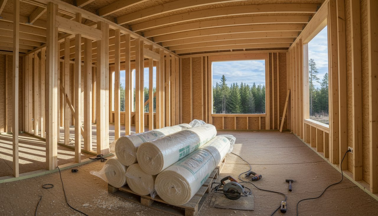 Vue intérieure d'une maison ossature bois en cours d'isolation avec rouleaux de fibre de bois empilés