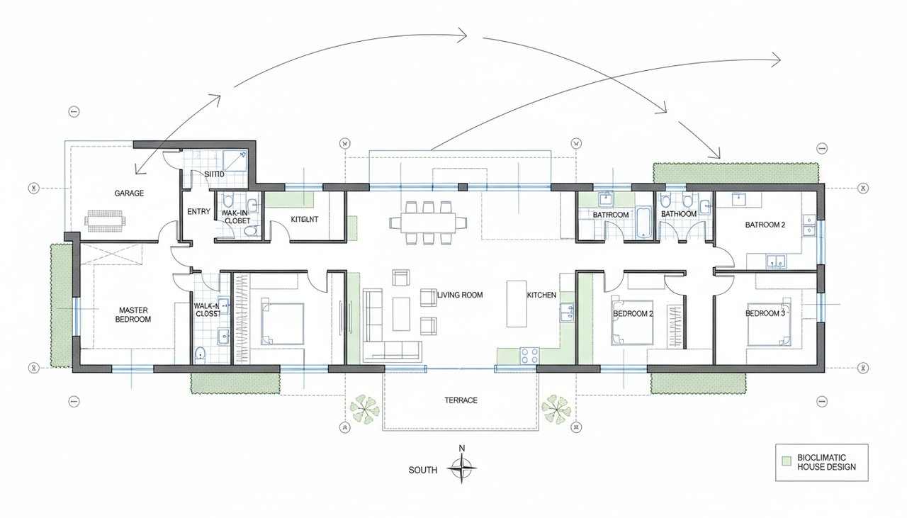 Plan 3D de maison bois avec flèches montrant l'orientation solaire et la ventilation