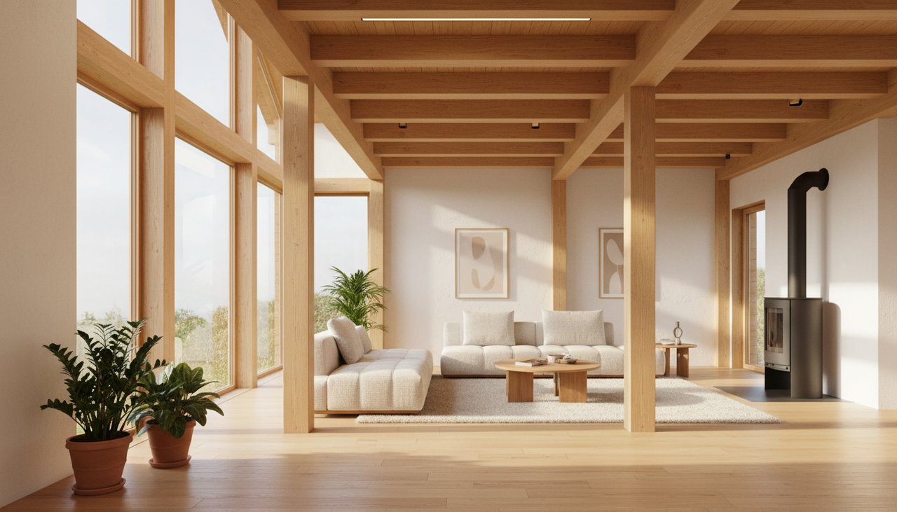Intérieur lumineux d'une maison bois bioclimatique avec poutres apparentes et grande baie vitrée