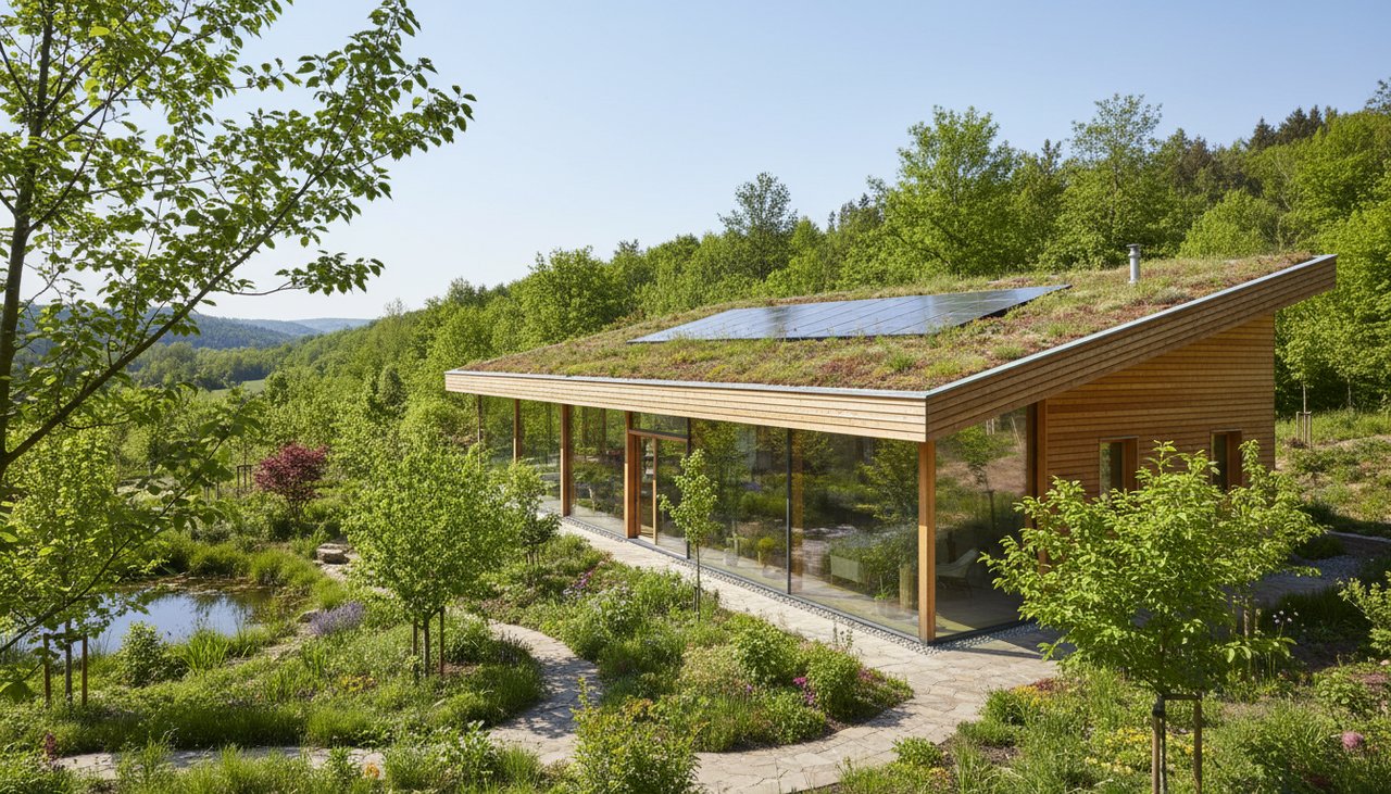 Maison bois bioclimatique moderne avec grandes baies vitrées orientées sud