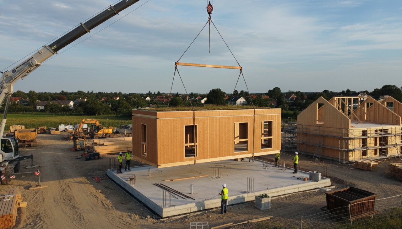 Modules préfabriqués en bois livrés par camion sur un terrain, pose de maison modulaire