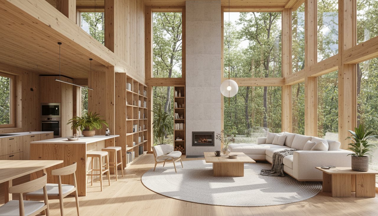 Intérieur lumineux d'une maison bois démontable avec grandes fenêtres, mobilier contemporain