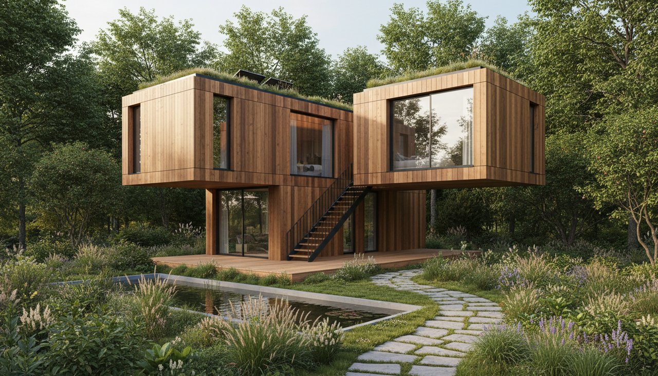 Maison bois démontable modulaire installée dans un jardin verdoyant, architecture contemporaine
