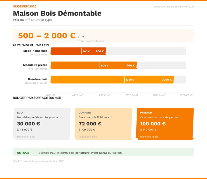 Infographie prix maison bois démontable au m² selon le type en 2026