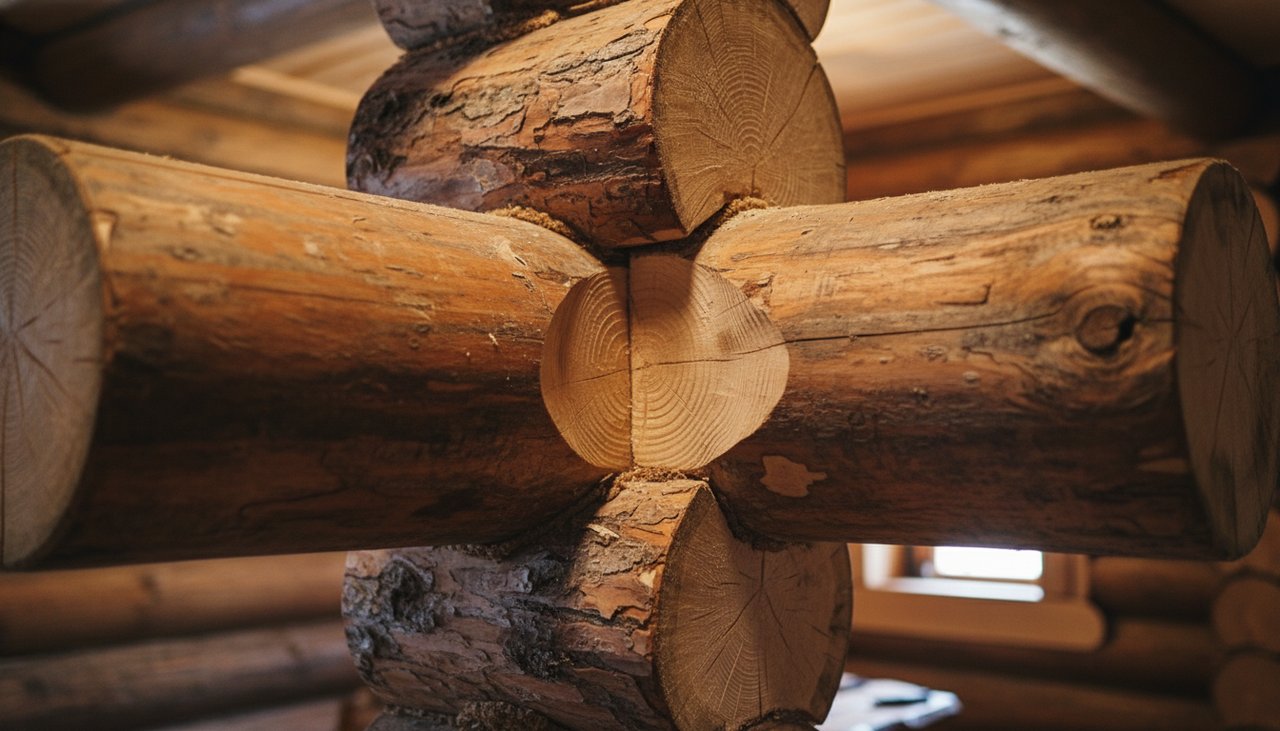 Détail de rondins massifs empilés et assemblés par entaille traditionnelle