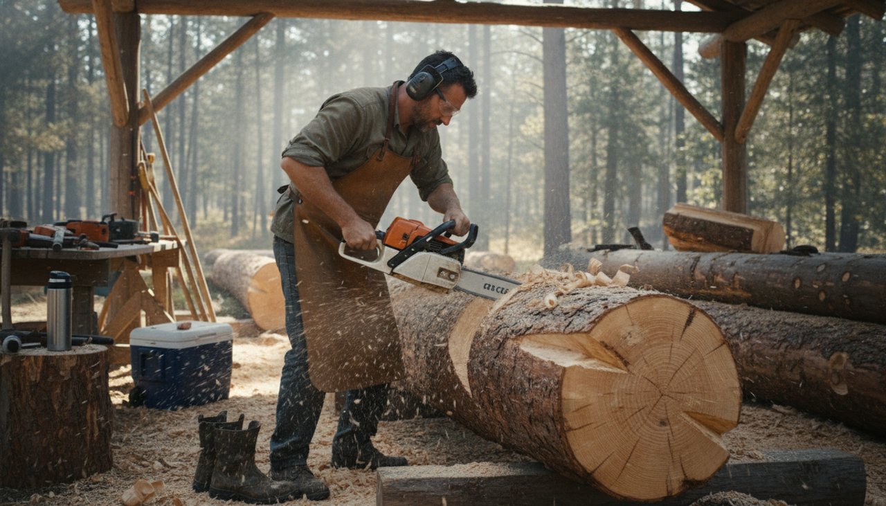 Fustier artisan travaillant sur un rondin avec une tronçonneuse dans un atelier