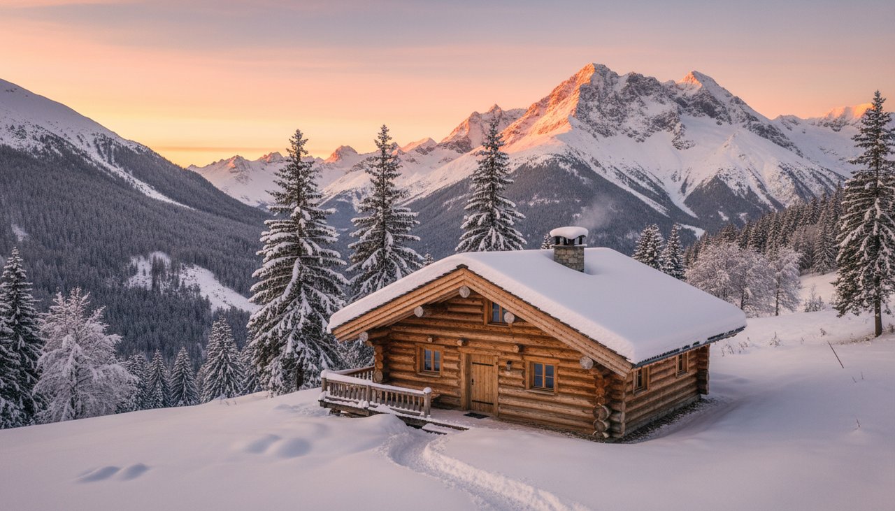 Maison en bois fusté traditionnelle avec rondins empilés dans un cadre montagnard