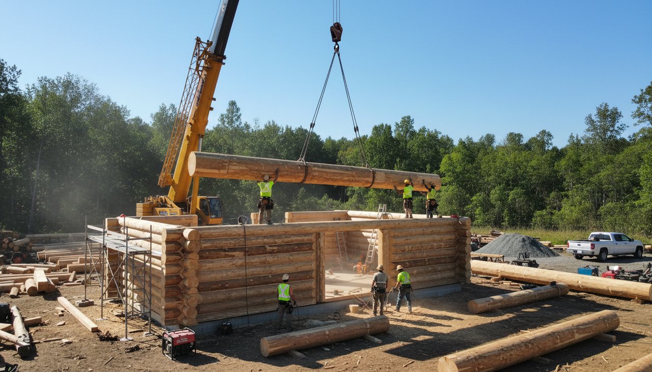 Chantier de construction d'une maison en madriers massifs avec grue de levage