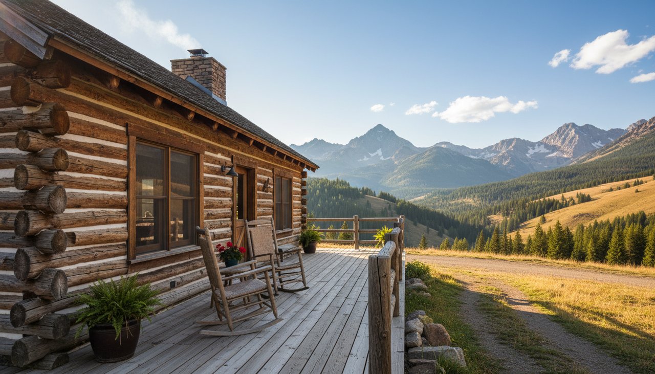 Belle maison en madriers massifs empilés avec terrasse en bois et toit en tuile