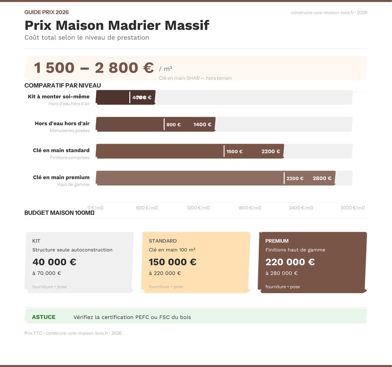 Infographie prix maison bois madrier massif par niveau de prestation 2026