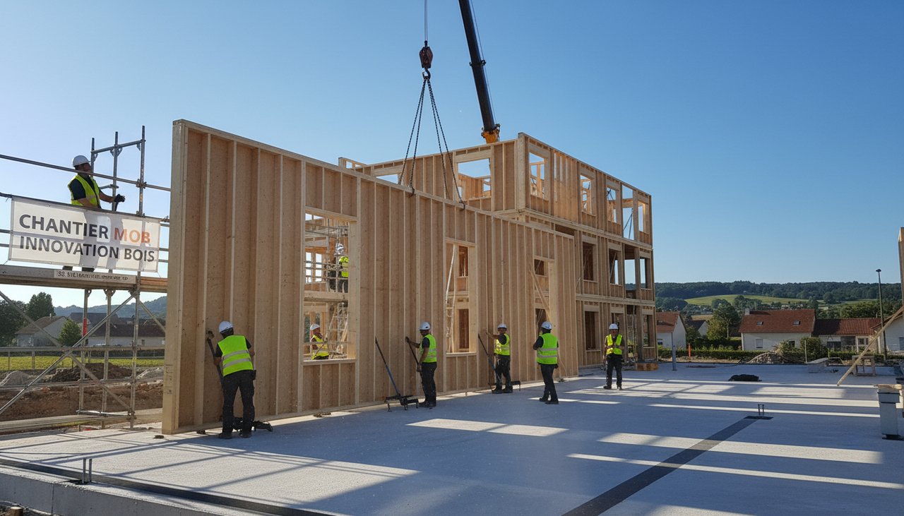 Chantier de maison en ossature bois avec ouvriers assemblant les panneaux préfabriqués sur une dalle béton