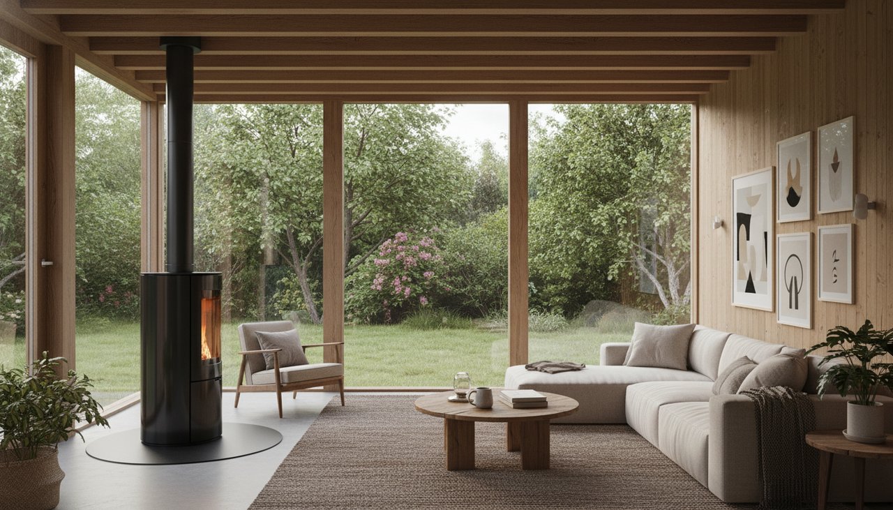 Vue intérieure chaleureuse d'un salon dans une maison en bois avec poêle à bois moderne et grandes fenêtres donnant sur un jardin
