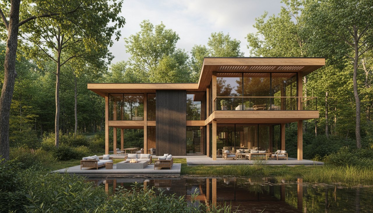 Maison contemporaine en ossature bois avec larges baies vitrées en pleine nature sous un soleil d'après-midi